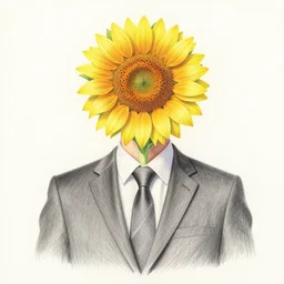 long shot portrait, man with a sunflower instead of a head wearing a business suit, color pencil sketch
