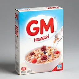 a photo of a box of a cereal brand named gm, - h 6 4 0