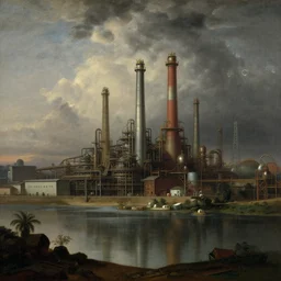 Bhilai Steel Plant on a monsoon midnight, by Canaletto, trending on ArtStation, masterpiece