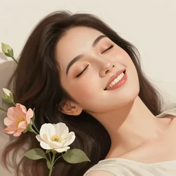 a woman relaxing, happy, flowers, absurdly beautiful, elegant, realistic ultrafine hyperrealistic detailed face illustration by amrita sher - gil, intricate linework, sharp focus, bright colors, matte, unreal engine highly rendered, global illumination, radiant light, intricate environment