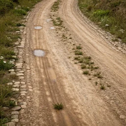a dirt country road, puddles, cart tracks, tufts of weeds, cobblestone, high detail, hd, render,
