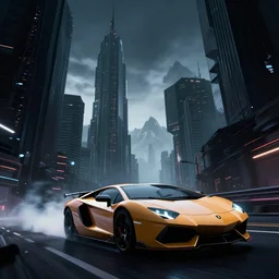 epic digital art of photorealistic synthwave lamborghini driving through very dark hard edged city towers from tron movie, faint tall mountains in background, wlop, pixiv