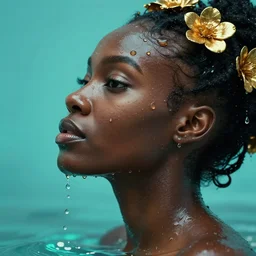 hyperrealistic precisionist cinematic profile very expressive! black oshun goddess, in water! up to shoulders, mirror dripping droplet!, gold flowers, highly detailed face, digital art masterpiece, smooth eric zener cam de leon, dramatic pearlescent turquoise light on one side, close - up low angle uhd 8 k, tilt shift