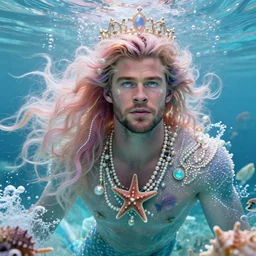 chris hemsworth portrait, fantasy, mermaid, hyperrealistic, game character, underwater, highly detailed, cinematic lighting, pearls, glowing hair, shells, gills, crown, water, highlights, starfish, jewelry, realistic, digital art, pastel, magic, fiction, ocean, king, colorful hair, sparkly eyes, fish, heroic, god, waves, bubbles ”