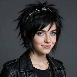 a professional portrait of thalia grace, a teenage white girl with electric blue eyes, short choppy shoulder-length spiky black hair, a smirk, freckles, a silver circlet in her hair, a leather jacket, and a punk style