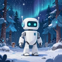 a chunky glossy white retro robot stands in the middle of a forest of softly glowing blue trees at night. snowing. snowy. icy. the sky above has many stars and a beautiful blue aurora. cyril roland. naomi okubo. rossdraws. trending on artstation. digital painting.