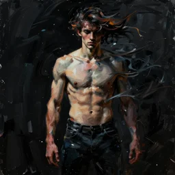 a thin, athletic man's body explodes in abstract, thick flowing dramatic brush strokes, strong wind, black background, matte colors, impressionist, extreme motion, trending on artstation