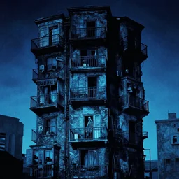 cyberpunk, errie slum, stacked flats, squats, gustave dore, greg rutkowski, wes craven, 8 k, hd, dof, kodak film, electric blue tones
