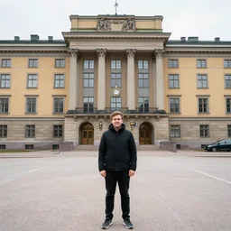 a swedish person standing in front of a public building