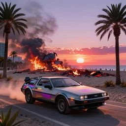 car wide shot epic post apocalyptic landscape miami nuke fire craters end of the world miami beach sunset vapor wave palm trees 80s synth retrowave delorean decal