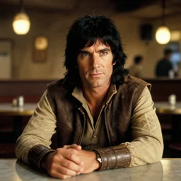 rhett sarlin sitting at a table in a cantina on tatooine, long black hair in a ponytail, portrait by ralph mcquarrie