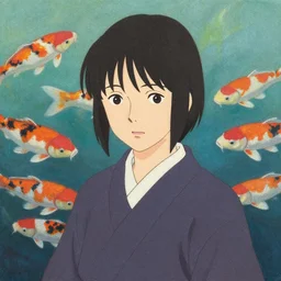 a portrait painting of a character in a scenic environment, texture by nobuhiko obayashi, ( ( ( ( ( koi carp swimming in the background ) ) ) ) )