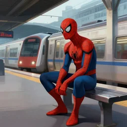 a spiderman waiting for a train at a train station, cyberpunk art by tomer hanuka, cgsociety, photorealism, matte drawing, digital illustration, digital painting