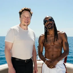 elon musk and snoop dogg at boat without shirt, clean sky, ocean