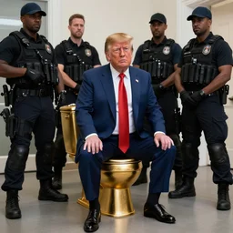 donald trump sitting on a golden toilet being arrested by a swat team, perfect faces
