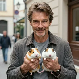 A realistic photo of Willem Dafoe holding two hamsters on the street