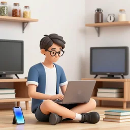 a skinny computer nerd guy sitting on the floor of his room, crossed legs, laptop, smartphone, video games, tv, books, potions, jars, shelves, knick knacks, tranquil, calm, sparkles in the air, magic aesthetic, fantasy aesthetic, by stanely artgerm, tom bagshaw, arthur adams, cane griffiths, trending on deviantart, street art, face enhance, chillwave, maximalist