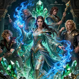 the female arcanist and the male artificer by michael whelan and roger dean and brom and hubert robert and greg staples and donato giancola, beautiful, flowing magical robe, highly detailed, hyperrealistic, intricate, energy, electric, blue flame, low light, green crystal, high contrast, old and young, lifelike