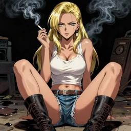 in the style of Joshua Middleton comic art, Revy from Black Lagoon, symmetrical face, smoking a cigarette, Jean shorts boots and white tank top