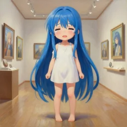 an infinitely detailed museum - detailed cute - fine - face quality oil painting, full - body detailed artwork of an anime girl erika furudo from umineko when they cry, long blue hair, by fkey & alphonse, cute - fine - face, beautiful full - body render, trending on artstation, 4 k