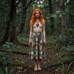 dslr photo of a pretty young woman with orange hair, standing in a vast forest and wearing a flower skirt, and body and wearing hemp sandals and a very detailed faerie necklace around neck, by dr seuss, artgerm, artstation, very high quality face, extremely high quality, moody lighting, real camera, real photo, photography by deviantart, 8 k, full subject in shot