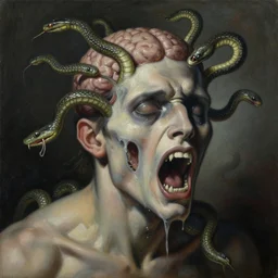 an oil on canvas painting of a screaming decapitated man's melting face with biting serpents swarming out of his exposed brain, a surrealist painting, polycount, surrealism, surrealist, lovecraftian, cosmic horror