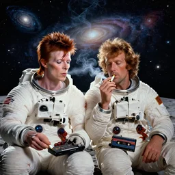 close up portrait of david bowie and astronaut major tom, sit on the dark side of the moon, listen to pink floyd on an old cassette recorder and smoke a ganja joint, enjoying the contemplation of deep space with millions of galaxies : eremy mann and alphonse mucha, photo realistic, dynamic lighting, windy, artstation, poster, dreamy, volumetric lighting, ethereal, 4 k, high detail,