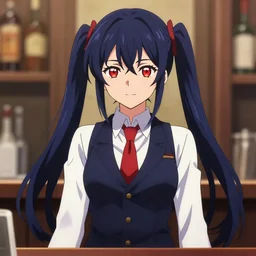 anime drawing of julianne stingray ( from va - 1 1 hall - a ), anime, long dark indigo hair, twin pigtails, bartender, dark navy blue suit vest, white dress shirt, red tie, red irises, digital art, 8 k, 4 k, masterpiece, portrait, centered, accurate anatomy, colored accurately, trending on artstation, art by christopher ortiz