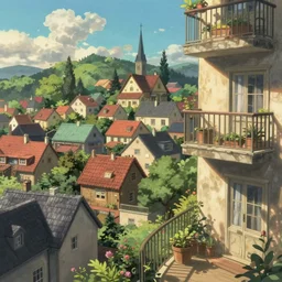 View of cottagecore city from balcony of a high up apartment studio ghibli