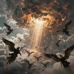 hundreds of rebel angels falling from heaven as meterorites, epic lighting, disaster clouds, michael bay, john martin, apocalyptic