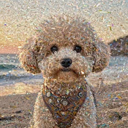 a closeup photorealistic photograph of a Louis Vuitton bichon frise at the beach during sunset This 4K HD image is Trending on Artstation, featured on Behance, well-rendered, extra crisp, features intricate detail and the style of Unreal Engine.
