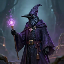A portrait of a crow dressed as a wizard, UHD, 4K, anthropomorphic, D&D, fantasy art, Larry Elmore, fantasy, wizard outfit, magical particles