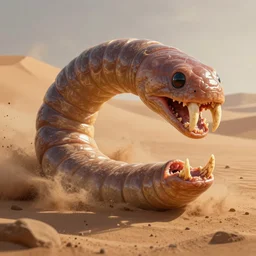 sandworm on dune with human teeth, sandworm with human teeth in its mouth, digital art