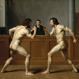 three clones of Alex Jones fighting shirtless in a courtroom, renaissance painting