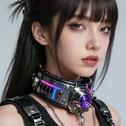 detailed realistic female rock star cyberpunk wearing thick technological collar around neck, realistic, art, beautiful, 4 k, collar, choker, collar around neck, punk, artstation, detailed, female, woman, choker, cyberpunk, neon, punk, collar, choker, collar around neck, thick collar, tight around neck, punk,