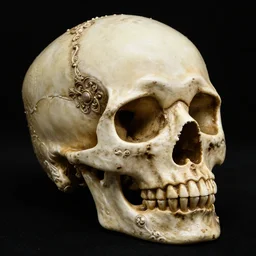 a beautiful photo of a ornate and intricate rococo skull isolated on a black background