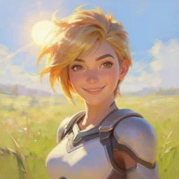 beautiful oil painting of tracer from the game overwatch in the style of mark arian, standing alone in grassy field, smiling while the sun shines down, feminine face, light rays, radiant quality, 4 k, brush strokes, anatomically accurate face, beautiful eyes, peaceful atmosphere, artstation, heavenly glow, tracer overwatch, tracer face, detailed face, smiling,