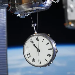 photo of a torsion pendulum clock floating inside the iss. highly - detailed, sharp focus, award - winning