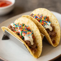 dslr food photograph of a tacos topped with rainbow sprinkles, 8 5 mm f 1. 8