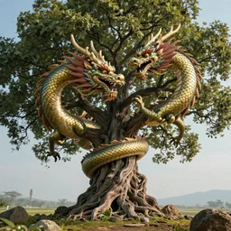 Chinese dragon wraps around the tree of life, cinematic, 4k,
