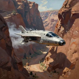 painting of a spaceship flying low through a canyon, by greg rutkowski