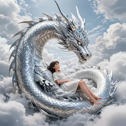 the beautiful hyper detailed scene render that a beautiful girl lies in the arms of a huge silver dragon alone in the fairyland surrounded by white clouds, in the style of makoto shinkai victo ngai and peter mohrbacher studio ghibli artgerm karol bak beeple, animation style, 8 k hd, dream, ultra wide angle, animation style, hyperrealism, 3 d render, hyper detailed