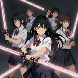 “ anime, beauties in school uniforms are fighting with beam sabers., light and shadow effects, intricate, highly detailed, digital painting, art station, concept art, smooth, sharp focus, illustration, advanced digital anime art, atmospheric lighting, detailed face, by makoto shinkai, stanley artgerm lau, wlop, rossdraws, art by artgerm and greg rutkowski and alphonse mucha and william - adolphe bouguereau, craig mullins, j. c. leyendecker ”
