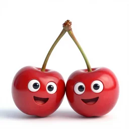 pixar style pair of cherry berries, with faces and friendly look in their eyes, smiling