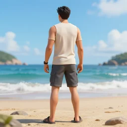 a highly detailed man standing backwards on the beach, artstation, deviantart, professional, octane render
