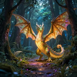 brightly lit fairy dragon in a dim dark forest colorful 4 k path traced high definition detailed artstation realistic trending dramatic lighting
