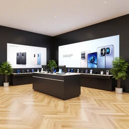 hyperdetailed samsung store, oak parquet, black walls, digital walls, plants. corona renderer.
