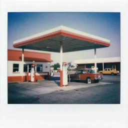 polaroid photograph of a gas station from 1 9 6 8