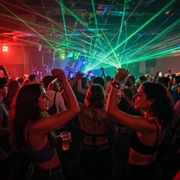 friends dancing at a concert with drinks and lasers crowd in the back