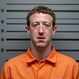 Mark Zuckerberg crying in mugshot, wearing orange jumpsuit